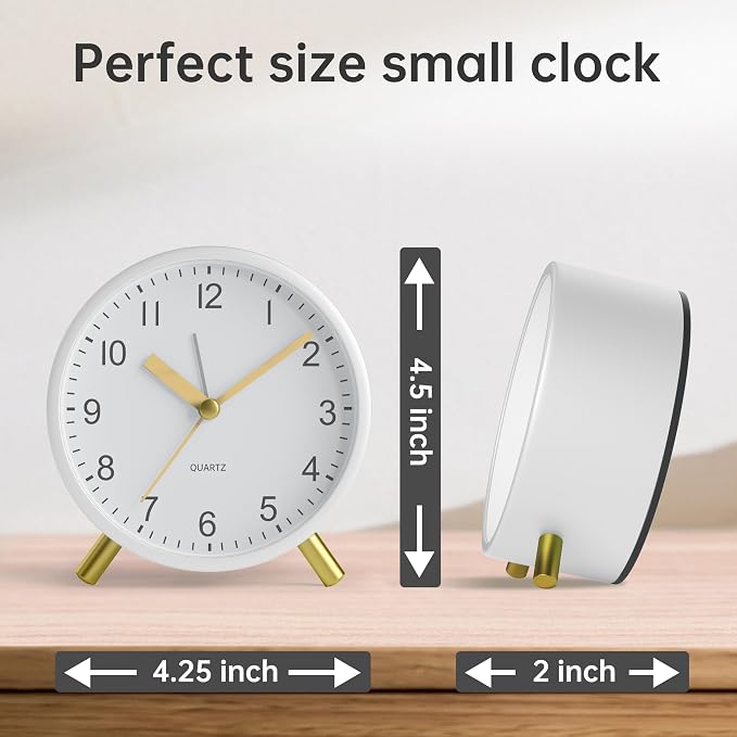 JALL Analog Alarm Clock, 4 inch Super Silent Non Ticking Small Clock with Night Light, Battery Operated, Simple Design, Easy Setting for Office, Bedroom, Bedside, Desk, Teens, Elders, Adult, White