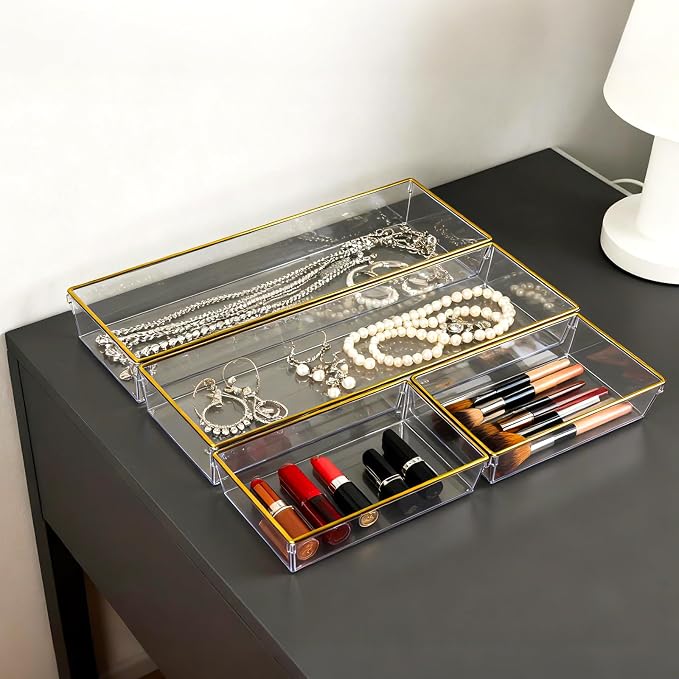 6 Pack Large Size Clear Stackable Drawer Organizer Trays, Gold Rim Makeup Drawer Storage Tray Divider, Desk Storage for Makeup, Jewelry, Bathroom, Stationary, Kitchen Utensils and Office Desk