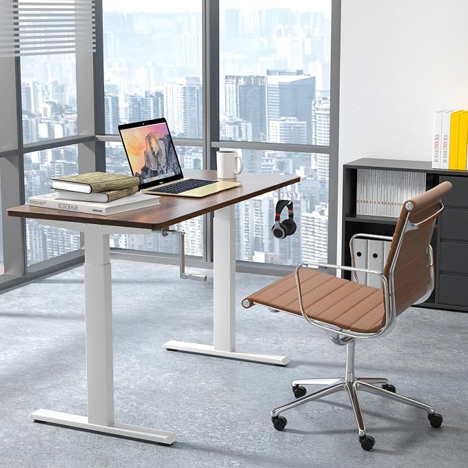 COSTWAY Crank Standing Desk Frame, Manual Hand Crank Workstation Base, Ergonomic Sit to Stand Base w/Foldable Crank Handle, Hook, Cable Management Rack (White)