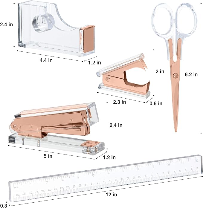 Rose Gold Acrylic Lucite Bundle | Premium Stapler, Tape Dispenser, Scissors, Staple Remover, & Ruler Gift Set | Clear Stationery & Desk Accessories | Modern, High End, Chic, Luxury Office Goods