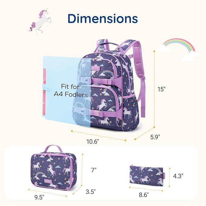 mommore Kids Backpack for Girls 4-8 with Lunch Box Elementary Kindergarten Preschool School Backpack 15'' Fit Folders Bottles, Purple Unicron