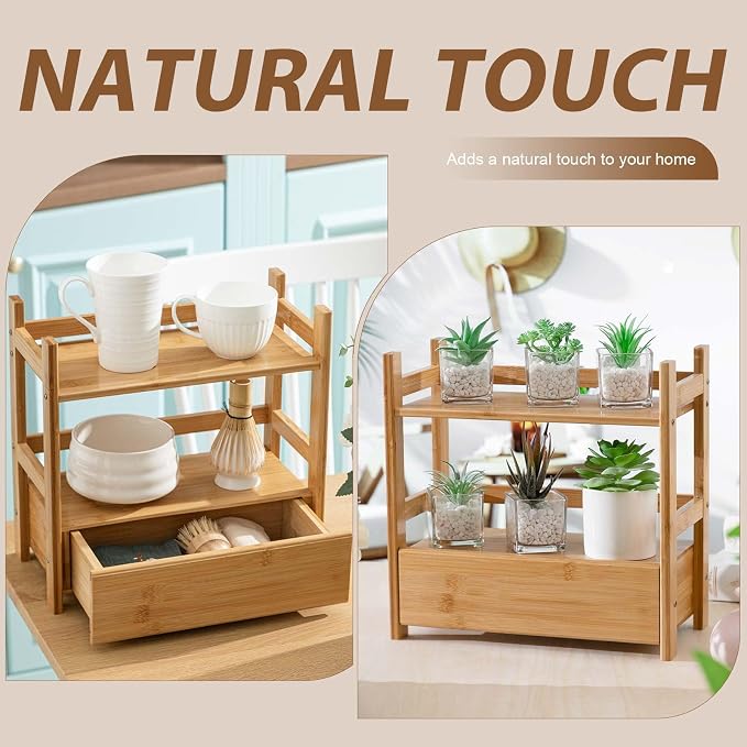 2 Tier Matcha Station Bamboo Organizer with Hidden Drawer, Wood Home Coffee Station Organizer for Kitchen Countertops, Coffee Bars, Kitchen & Office Storage(13 L x 6.5 W x 12.6 H)(Natural)