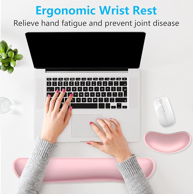 Dapesuom Enlarge Keyboard Wrist Rest, Memory Foam Wrist Cushion for Desk Mats Support, Cute Typing Pain Relief Keyboard Mouse Pad Rests Set with Non-Slip Base for Gaming Laptop Office Computer, Pink