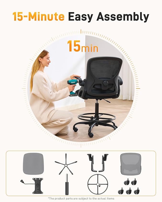 LukkDys Drafting Chair with Arms, Tall Office Chair for Standing Desks | Ergonomic lumbar pad, breathable mesh and foot ring support forward-leaning posture for sewing, crafts and daily studio work.