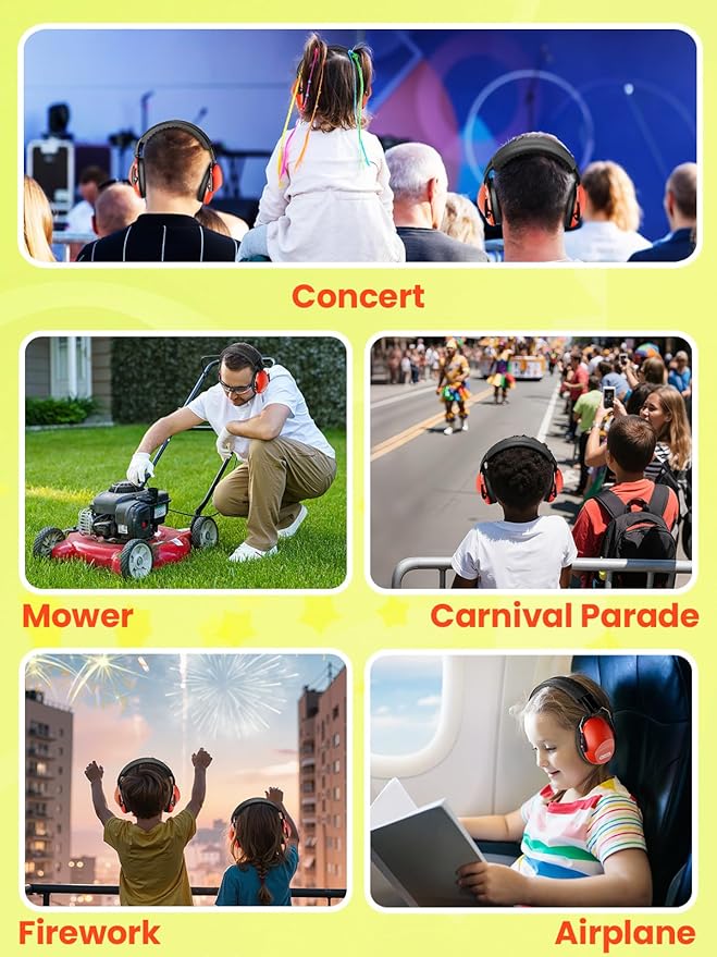 Ear Muffs for Noise Reduction: 27.4SNR Noise Cancelling Headphones for Kids Adults, EM100 Adjustable Hearing Protection Earmuffs for Monster Jam, Autism Sensory, Concerts, Fireworks Orange