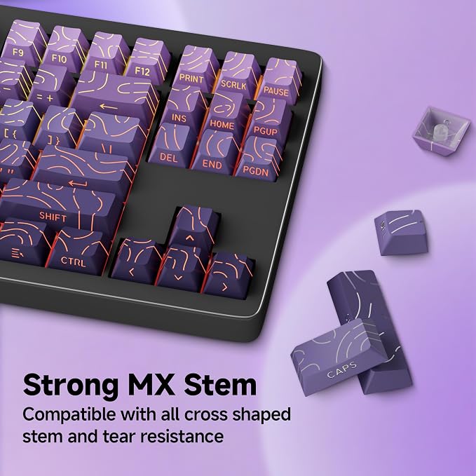 133 Aesthetic Shine Through PBT Keycaps, Purple Gradient, Long Lasting & No Fade, Modern Topographic Keycaps for Mechanical Keyboard - Ergonomic (Doubleshot, MX, Fit All Layout,Cherry)