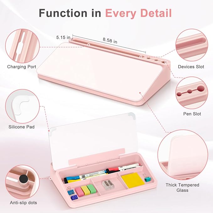 WALGLASS Small Desktop Whiteboard with Storage, Glass Desk Dry Erase White Board Computer Keyboard Stand with Drawer, Desk Organizers with Accessories for Office, Home, School Supplies Pink