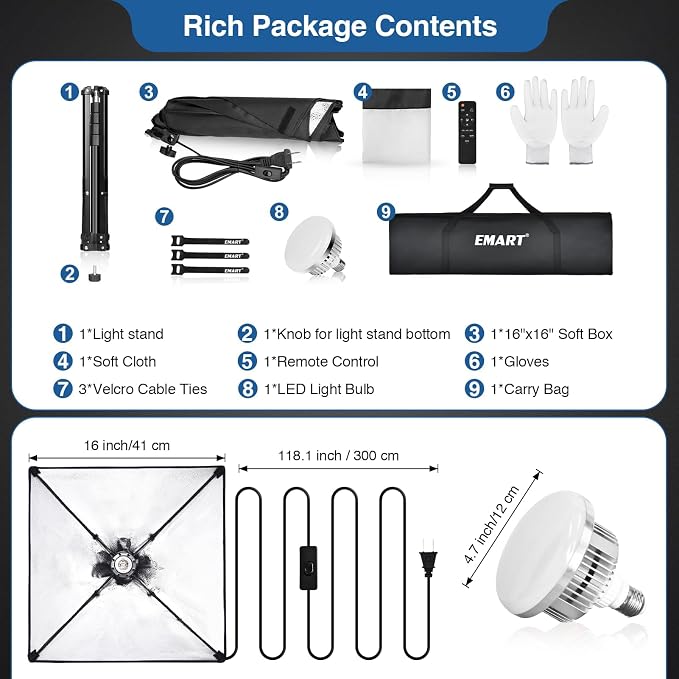 EMART Softbox Lighting Kit, 16"X16" Soft Box, 3000K-6000K 85W LED Bulbs with Remote, 65" Tripod, Professional Softbox Photography Lighting Kit for Studio Lights, Portrait, Video Recording(1PACK)