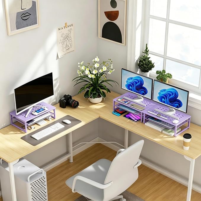 gianotter 2-Tier Metal Monitor Stand Riser, Office Desk Storage Organizer for Computer Monitor, Laptop, Printer, Office Supplies (Purple)