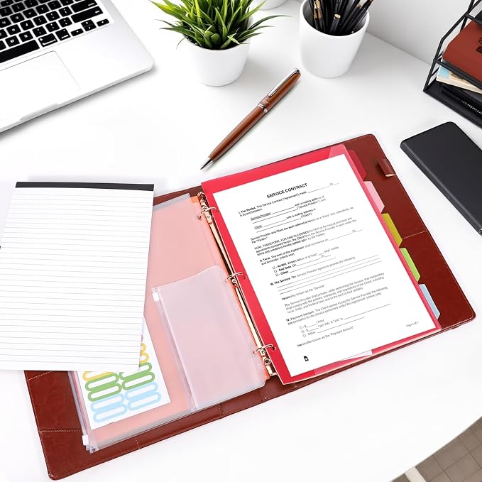 Leather Binder Portfolio with Clipboard 1 Inch, 13" × 11" PU Clipboard Binder with Notepad, 5 Dividers with Pockets, Removable Folder,Labels,Great for School Office(Fit Letter Sized Paper)