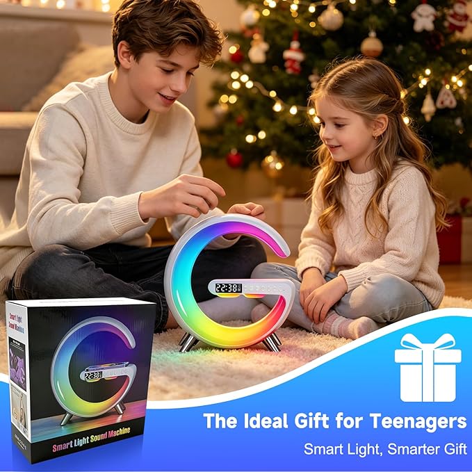 Smart LED Table Lamp, 4-in-1 Wireless Charger, Night Light, Alarm Clock, Bluetooth Speaker with App Control, Bedside Lamp with Charging Station for Bedroom, Office, Home Decor, Teen Girls Boys Gifts