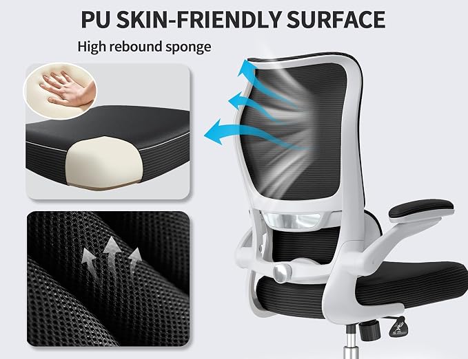 TRALT Ergonomic Office Chair- Desk Chair with Adjustable Lumbar Support | Big and Tall Back Ergonomic Desk Chair - Home Office Mesh Chairs and PU Leather Seat for Home Reading to Adults(White Black)