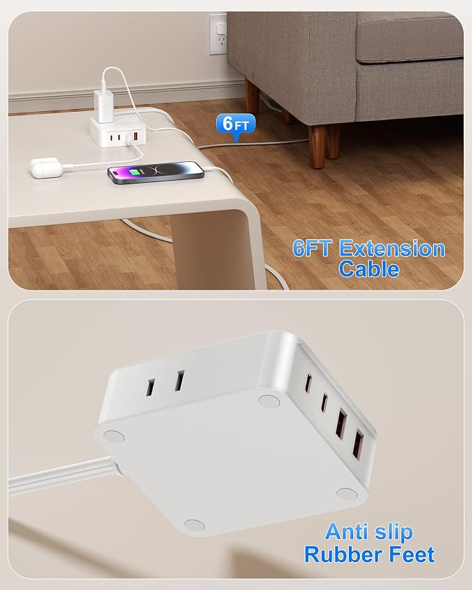Flat Plug Power Strip with USB Ports - 4 AC & 4 USB Ports (20W), 6Ft Extension Cord with Multiple Outlets, Fast USB Charging Station for Travel Office Dorm Room (White)