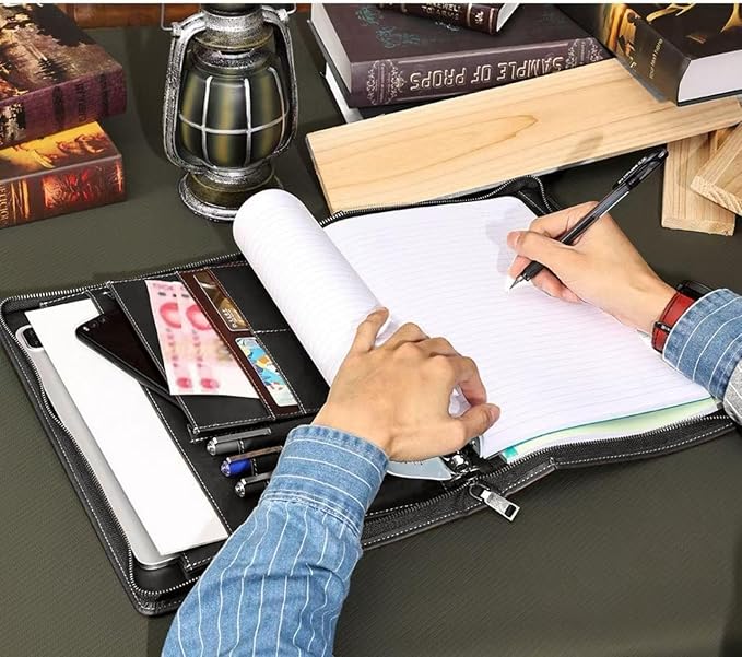Zippered Padfolio Organizer, Leather Planner Binder, 12.9 Inch Portfolio Folder for Documents, Letter Size Business Card Tablet Document Holder for Men&Women