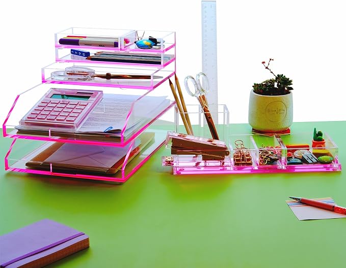 Acrylic Desk Organizer 4-Piece Desk Kit + Free Complimentary Acrylic Ruler, Desktop Organization for Office or Home,Rose Red