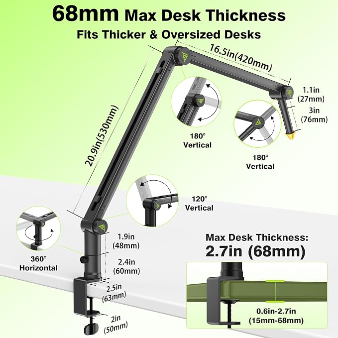 AA AUDIO ACCESSORY Design for Shure SM7B SM7dB MV7 Never-Sag Mic Boom Arm, Extra-Long 950mm Reach, 6.6lbs Load Capacity, Gear-Lock Suspension Microphone Stand Desk Mount for Blue Yeti Rode Heavy Mics