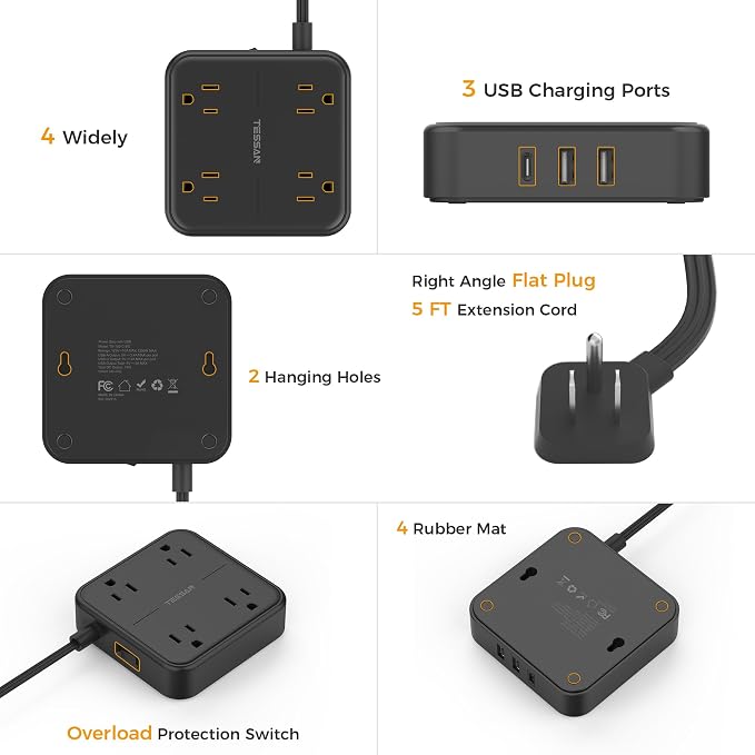 TESSAN Surge Protector Flat Extension Cord 10Ft, Flat Plug Power Strip with 4 Outlets 3 USB Ports (1 USB C), 900 Joules Protection, Multiple Wall Outlet Extender Suitable for Home Office Dorm, Black