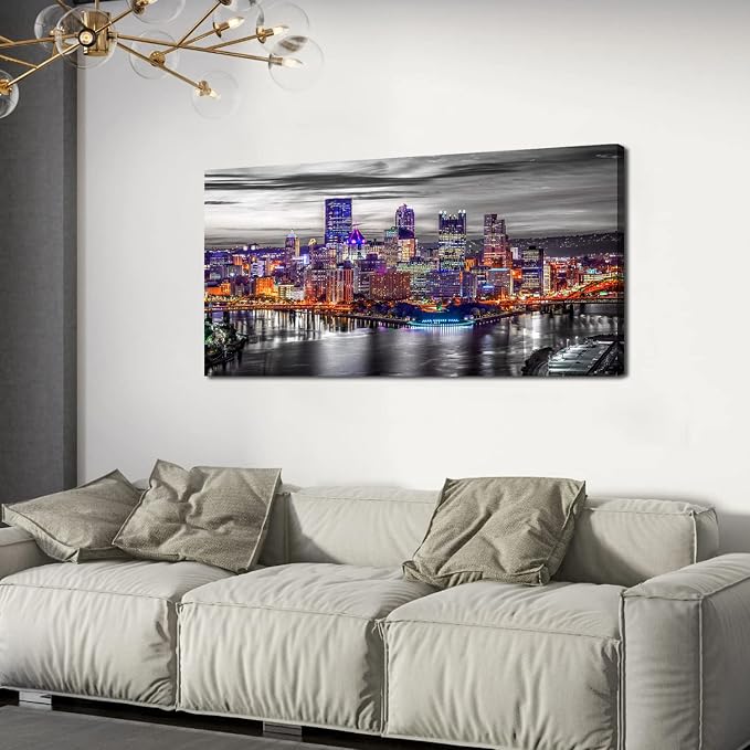 Large Pittsburgh Wall Art Black and White City Skyline Wall Decor for Living Room Office Decor Pennsylvania Night Cityscape Canvas Prints Modern Skyscraper Panoramic for Bedroom Home Decoration 24x48"