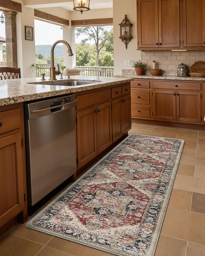 DEXI Kitchen Floor Mats Anti Fatigue, 23x59 Large Cushioned Vintage Runner Rug Waterproof, Standing Comfort Memory Foam Padded for Front Sink Laundry Office, Beige and Red