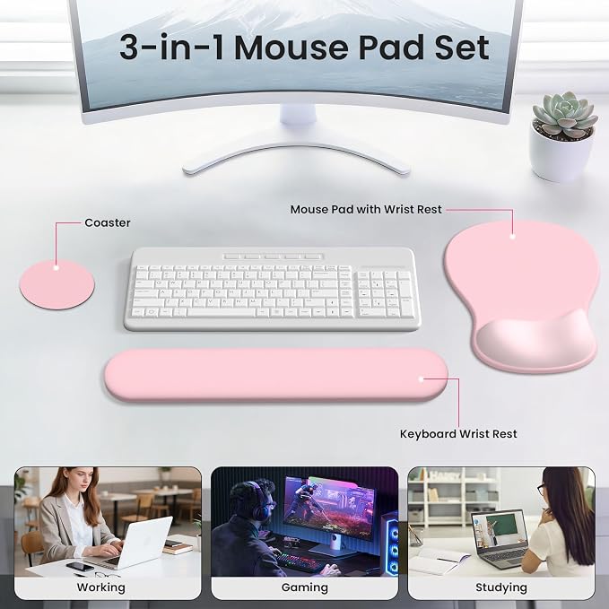 AKIT Ergonomic Mouse Pad and Keyboard Wrist Rest Set,Memory Foam,Pink | Gel Wrist Support for Typing Comfort,Non-slip Base,Fits Standard Keyboards and Mice,Reduces Fatigue During Long Work Sessions