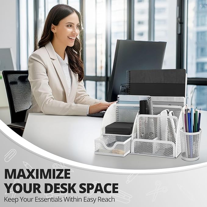 Flexzion Desk Caddy Organizer Set (White) - Metal Mesh Desktop Caddy with Drawers, 6 Compartments, and Pencil Holder for Women & Men - Desktop Organizer and Storage for Work or Office Supplies | Compact Desktop Caddy with Separate Pen Holder; 8.7 X 5.5...
