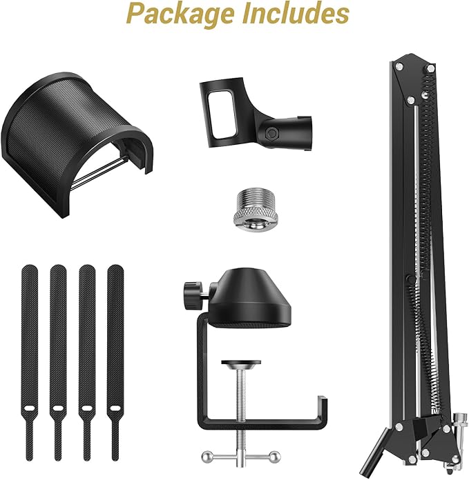 TONOR Microphone Boom Arm, Adjustable Microfono Stand Mic Arm with Extra-large Pop Filter, 3/8’’ and 5/8’’ Screwadapter, Equipment for Podcast, Recording, Streaming, 35 cm +35 cm, T10