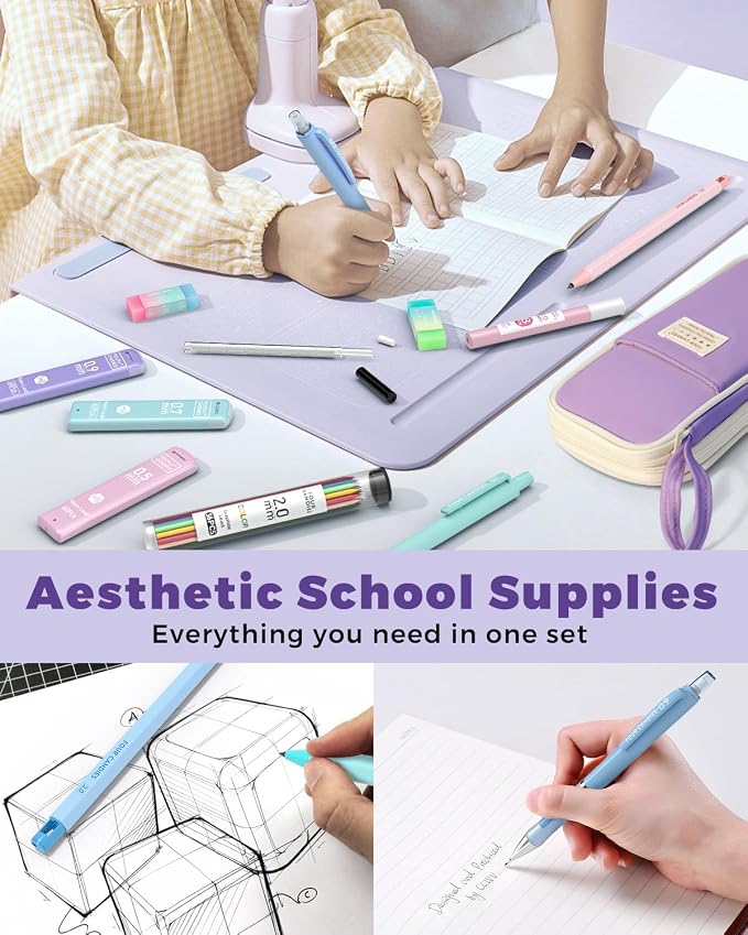 Four Candies 36PCS Aesthetic School Supplies, Mechanical Pencils 0.5mm, 0.7mm, 0.9mm & 2.0mm with 624PCS Lead Refills, Cute Mechanical Pencil Set for Writing, Drawing & Drafting (Purple)