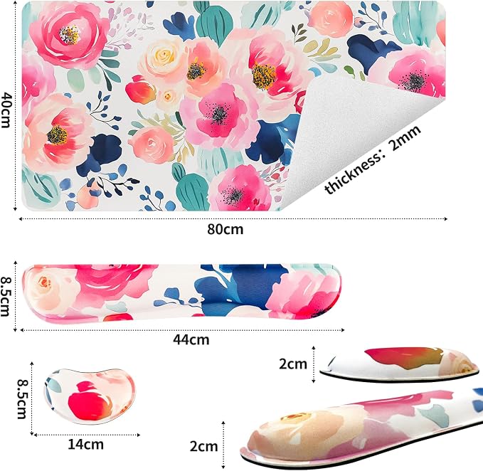 Bloss Flower Desk Mat + Wrist Rest, Leather Desk Pad+Foam Rest, Desk Matt for Desktop, Waterproof Desk Pad Mat for Office/Home/Decor, Gift for Women(31.5 x 15.7 Inches)