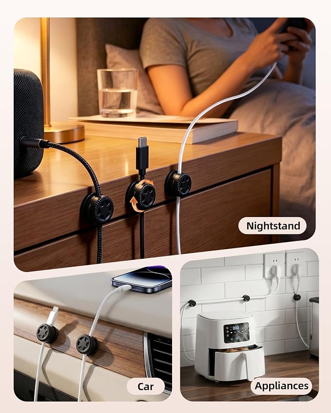 AGPTEK 8 Pack Magnetic Cable Clips, 360° Rotatable Cord Holder, Black | Adhesive Desk Cord Organizer for Nightstand, Home Office Wire Management Wire Keeper for Phone Charger USB Charging Cables