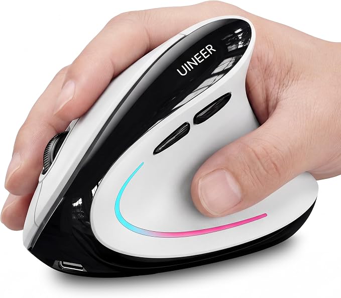 Uineer Ergonomic Wireless Vertical Mouse, Tri-Mode Bluetooth 5.0/4.0 and 2.4G USB, Rechargeable Silent Computer Mouse for Laptop, MacBook, iPad and PC, 4 DPI Levels, LED Light, 3-Device Switching