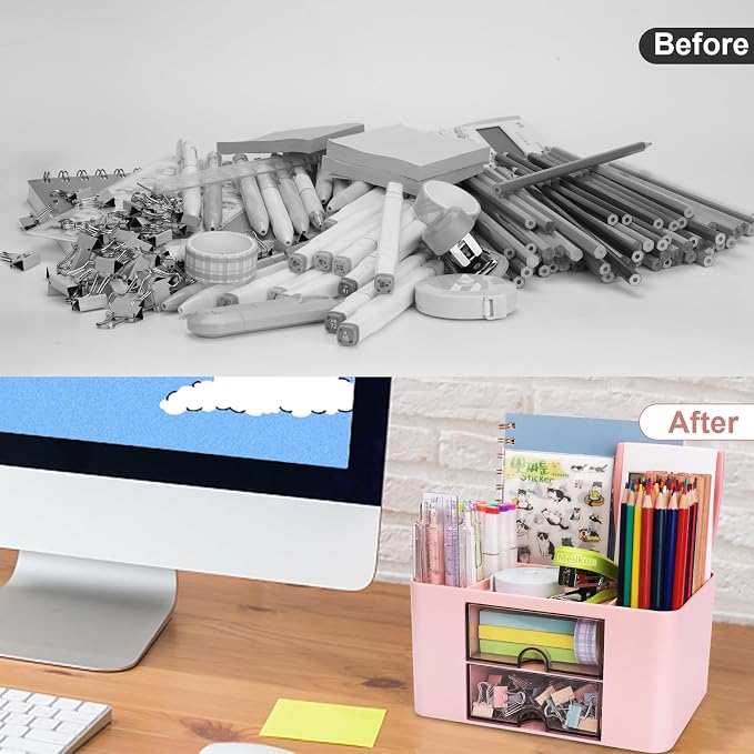 Meiikun Plastic Pen Organizer, Multifunctional Desk Organizer with 2 Drawers, 4 Compartments & a Top Tray, Pencil Holder Desktop Organizers and Accessories for Office, 7.7" x 5.5" x 3.9" (Pink)