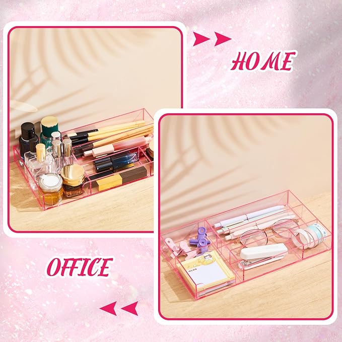 Briwooody Pink Acrylic Drawer Organizer,6 Compartments,Small | 11 x 6.1 x 1.38 Inch Desk Storage Tray Organizer for Pen, Stationery, Desktop, Office, Bathroom, Kitchen, Makeup Supplies