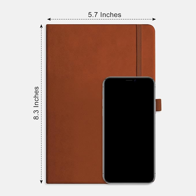 RETTACY Dotted Journal Notebook, 320 Numbered Pages, A5 Medium Size (5.7'' × 8.3''), Leather Hardcover, 100 GSM Thick Paper, for Journaling, Planning, Tracking (Brown)
