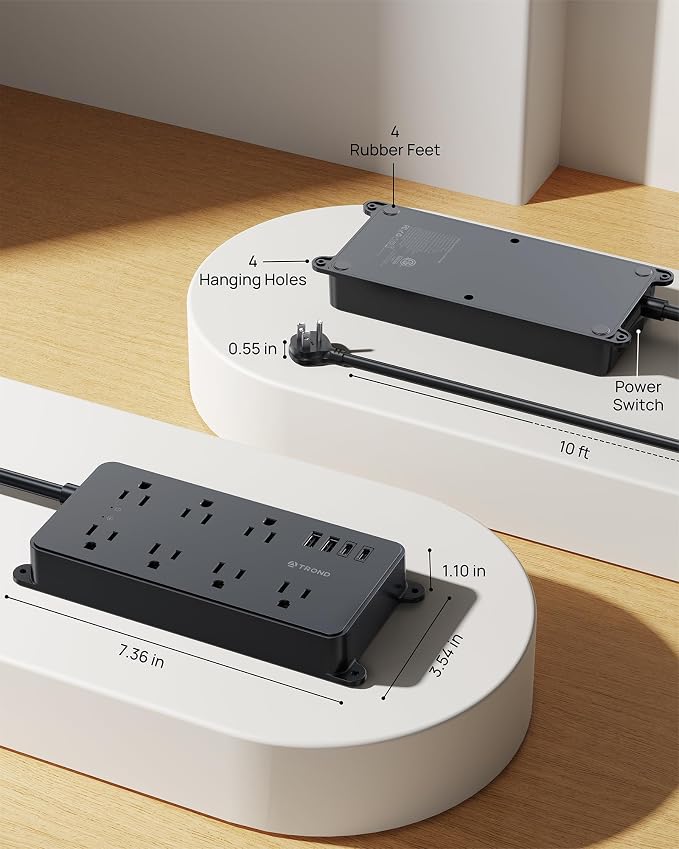 TROND Power Strip Surge Protector 10ft, ETL Listed, Flat Plug Extension Cord with 2 USB-A & 2 USB-C, Wall Mountable, 7 Widely-Spaced Outlets, 1700J, for Home Office Garage, Black