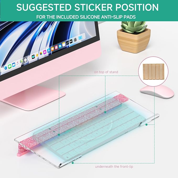 Ergonomic Computer Keyboard Stand - Adjustable Keyboard Riser Tilt Clear and Glitter Pink Acrylic Keyboard Tray Non-Slip Elevated Typing Key Board Holder Lift for Home Office Desk Accessories