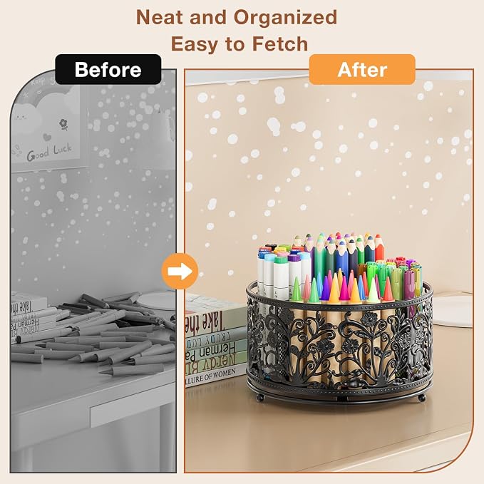 EKNITEY Pencil Holder for Desk - 360° Rotating Pen Holder Organizer Caddy | Sturdy Metal, Rotation Smooth, 4 Compartments, Non-Slip Base, Cute Floral Design, for Office Home Classroom School, Black