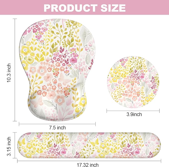 Ergonomic Mouse Pad with Wrist Rest and Keyboard Wrist Rest, Gel Mousepad and Wrist Rest for Computer Keyboard, Pain Relief, Non-Slip PU Base, Mouse Pad Wrist Support for Gaming, Pink Yellow Flowers