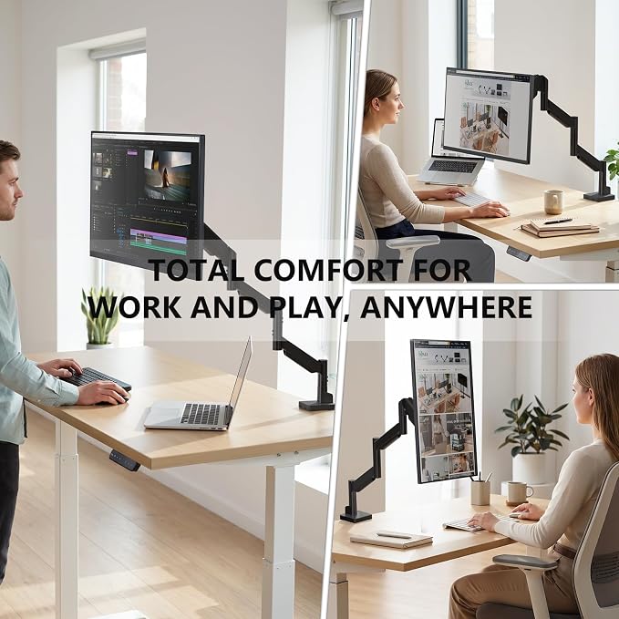 WALI Extra Long Single Monitor Arm for 17-38 inch Screens, up to 26.4 lbs | Tall Monitor Desk Mount, Full Motion with Tilt, Swivel, Rotation, C-Clamp/Grommet Base, VESA 75/100mm (GSMP001L), Black