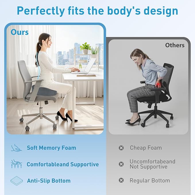 BlissTrends Extra Thick Seat Cushion for Office Chair & Car Seat,LightGrey | Tailbone & Sciatica Relief, Ergonomic Support, High-Density Memory Foam, Comfort for Extended Sitting