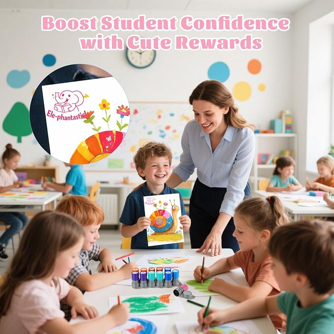 12Pcs Animal Teacher Stamps for Classroom, Teacher Appreciation Gifts, Self Inking Grading Stamps Set | Motivational Student Reward Stamps with Bees Sharks Owls, Classroom Essentials for Elementary