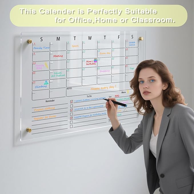IJIJIJ- 24×16” Clear Acrylic Calendar for Wall, Acrylic Wall Calendar Dry Erase Board, Reusable Monthly Whiteboard, Family Planner for Wall with 8-Color Markers, Perfect for Home, Office & Classroom