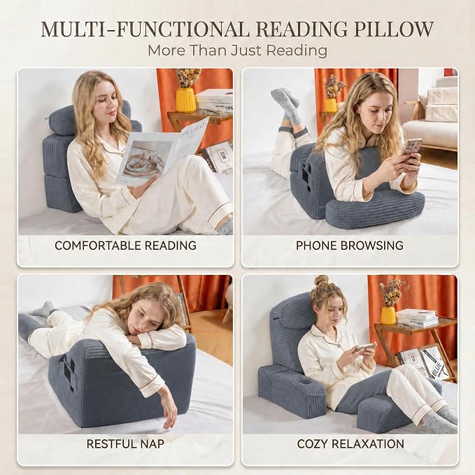 Reading Pillow for Adults, Back Pillow for Bed Sitting Up, Backrest Pillow for Sitting in Bed, Detachable Arms with Built-in Cup & Phone Caddy (Dark Gray-Corduroy, 19 INCH)