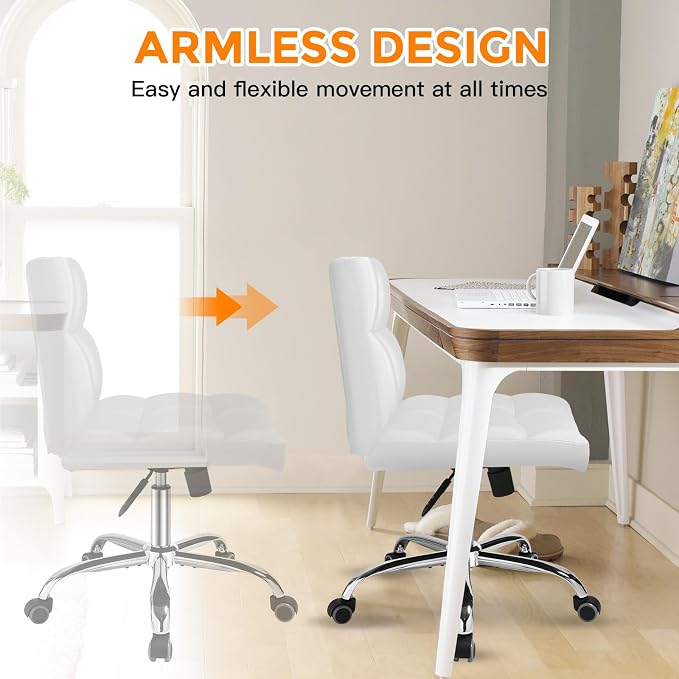 White Office Chair with Wheels - 360° Swivel Armless Back Support,Comfortable Pu Adjustable Rolling Desk Chairs for Office,Home,Vanity,Bedroom,Big Space(Widened White)