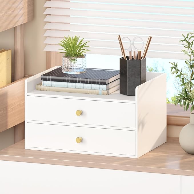 Bamboo Desk Organizer - Stackable, No Assembly Required, Ideal for Office/Home Use - Perfect for Toiletries, Stationery, Accessories. (White, Two level drawer box with sides)