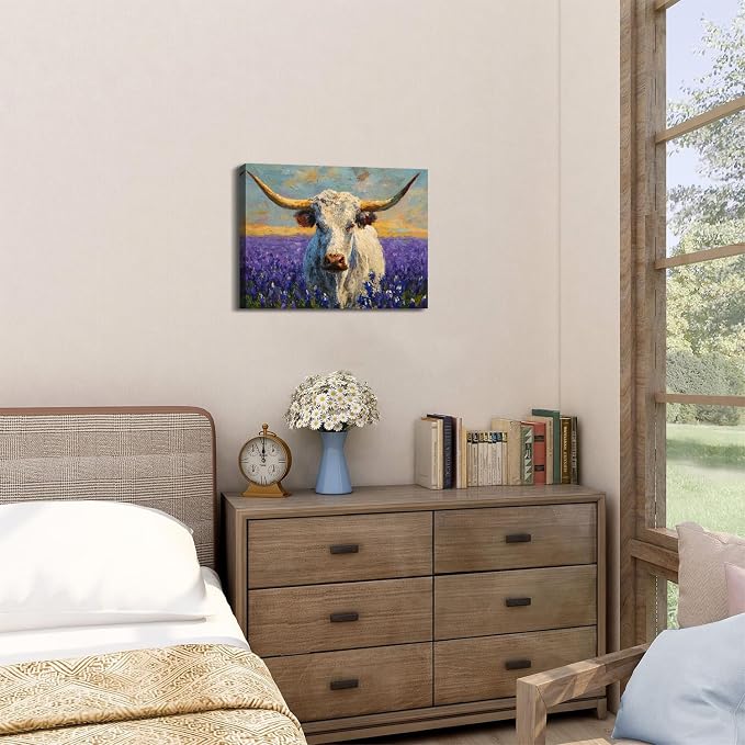 Purple Lavender Wall Art Highland Cow Wall Decor Abstract Nature Texas Longhorn Cow Canvas Picture for Kitchen Living Room Watercolor Sunset Meadow Scenery Poster Western Artwork Decoration 12x16”