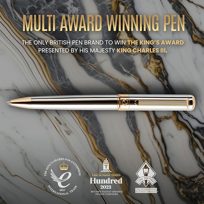 Scriveiner Silver Chrome Ballpoint Pen - Stunning Luxury Pen, Real Gold Plating, Schmidt Black Refill, Best Ball Pen Gift Set for Men & Women, Professional, Executive, Office, Nice, Fancy Pens