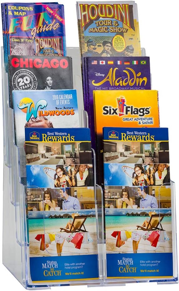 Azar Displays, 252377, Clear Four-Tier Eight-Pocket Trifold Brochure Holder, Document Holder Desk Organizer for Countertop or Wall Mount Menu Holder Display Stand for Flyers, Leaflets and Pamphlets
