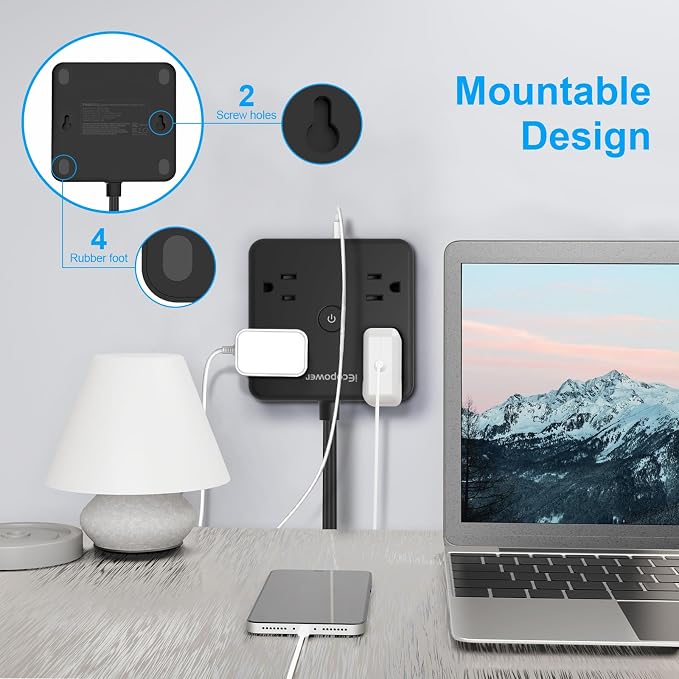 Surge Protector Power Strip 15 ft Cord,Long Power Strip with 4 Widely Outlets, Thin Extension Cord with 3 USB Ports(1 USB C Port),Slim Desk Charging Station,Black(2 Pack)