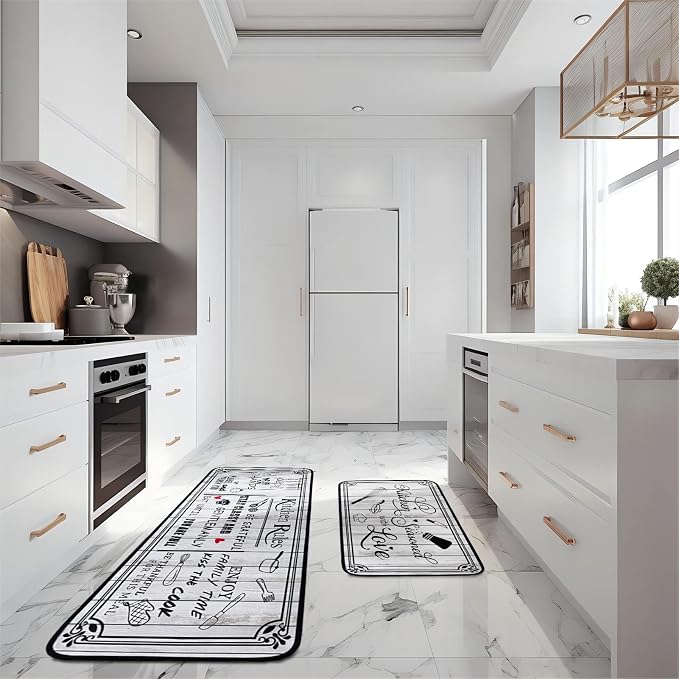 Kitchen Rug Sets of 2 Piece Non Slip Kitchen Rugs and Mats Washable Kitchen Mats for Floor Kitchen Carpet Runner Rugs Decor for Laundry Bathroom Living Room,White Kitchen Rules 20"x 59"+20"x 32"