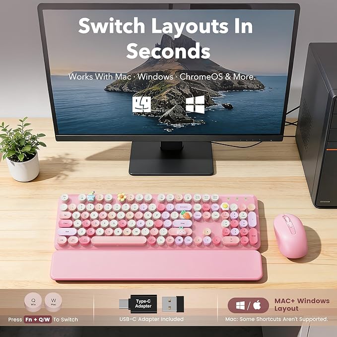 Wireless Keyboard and Mouse Combo, Cute Retro Typewriter Keyboard with Round Keycaps, Full-Size Aesthetic Keyboard with Magnetic Wrist Rest, 2.4GHz USB for Windows/Mac Desktop Laptop(Pink Multi-Color)